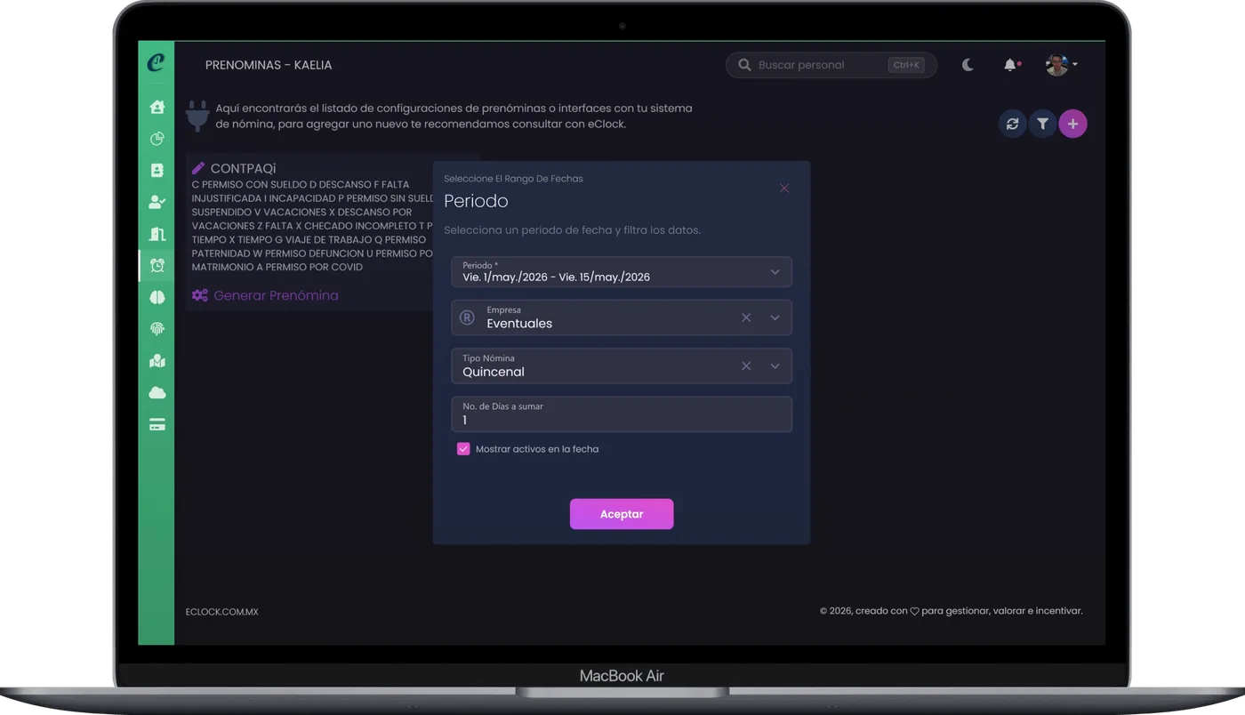 Generar prenómina en Kaelia: se elige período, empresa y tipo de nómina y se envía a la interfaz configurada (CONTPAQi)